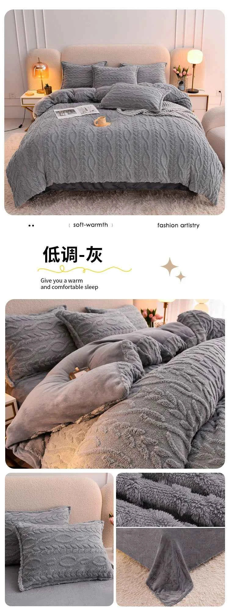 Home Textiles Velvet Flannel Bedding Set Plush Solid Color Duvet Cover Fluffy Reversible Plush Bedding Set Warm for Winter King