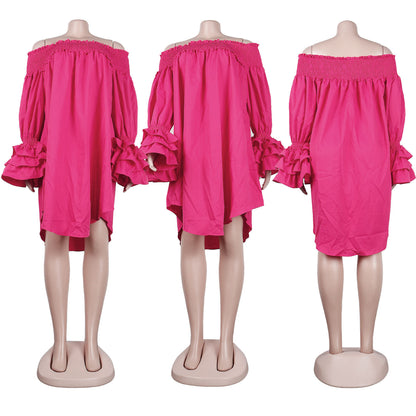 CM.YAYA Chic Women Cascading Ruffles Petal Off Shoulder Long Sleeve Smock Dress 2022 Big Swing Loose Blouse Sundress Vestidos - AMULET RING STORE
