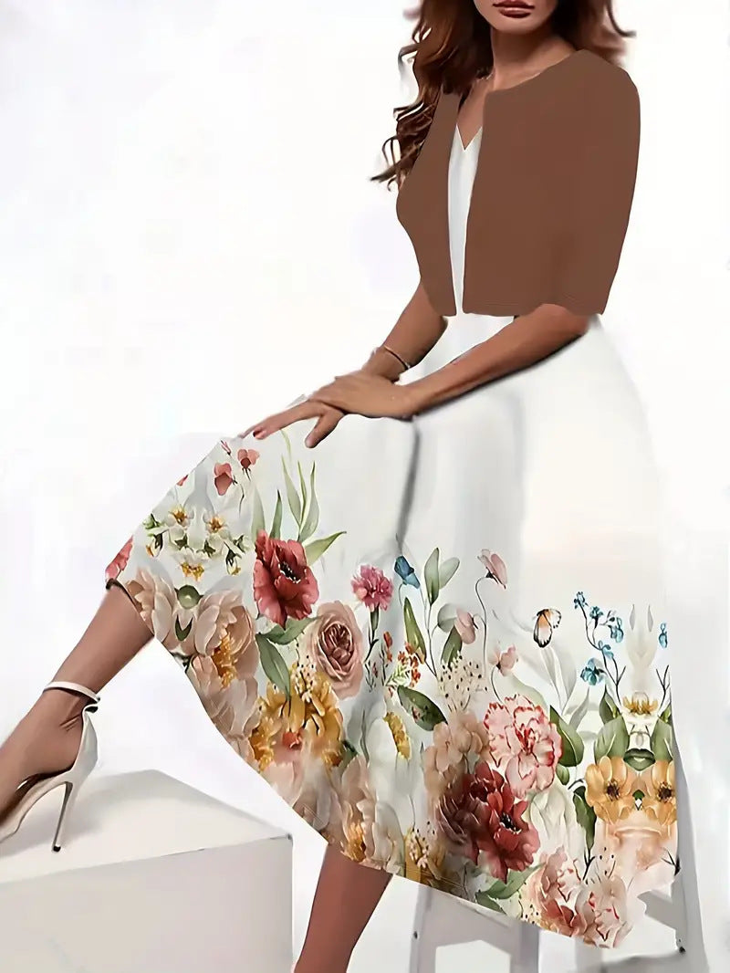 2024 Europe and the United States autumn new women's long dress two-piece set of floral print round neck dress coat women