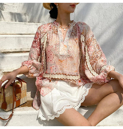 Boho Flrench Chic Floral Blouse Shirt Printed Summer Loose Lace Hollow Out Sexy Ladies Vocation Women Long Sleeve Top Shirts New