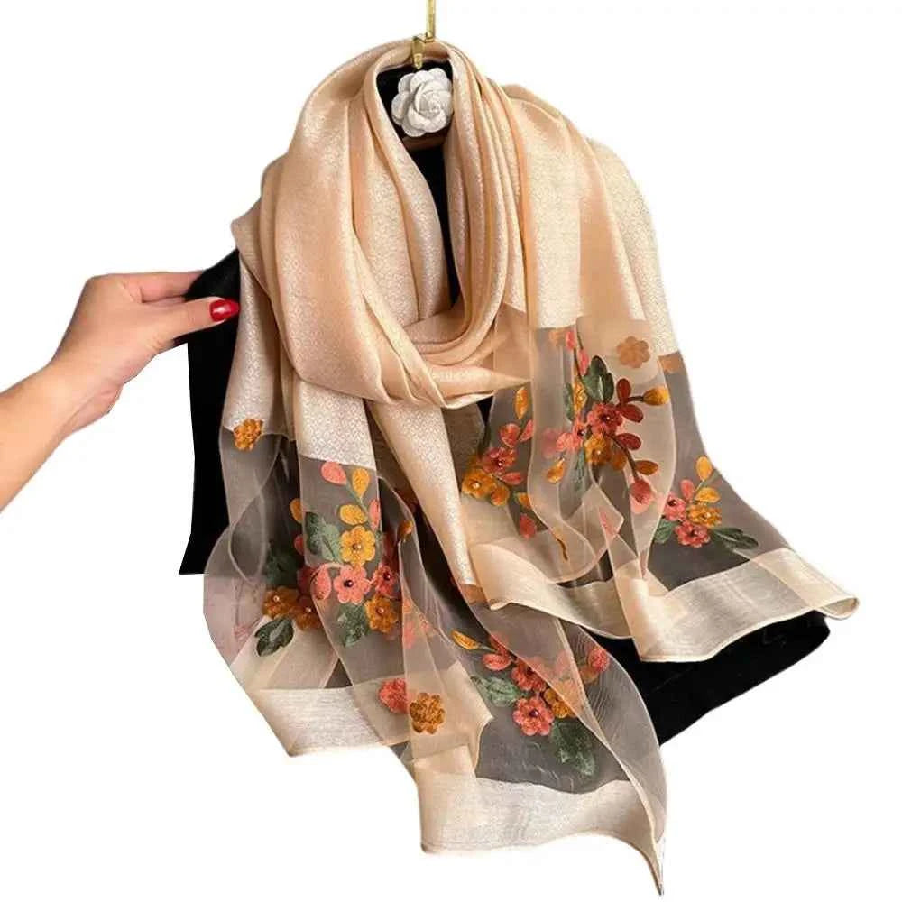 180*70cm Embroidery Floral Chiffon Scarf Elegant Thin Breathable Shawl Women Sunscreen Neck Scarf Travel Beach Shawl Scarf