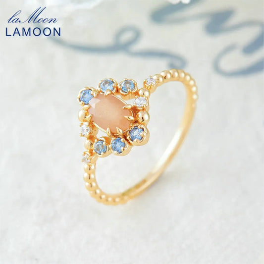 LAMOON Vintage Natural Orange Moonstone Ring For Women Exquisite Luxury Court Style 925 Sterling Silver Gold Plated Fine Jewelry
