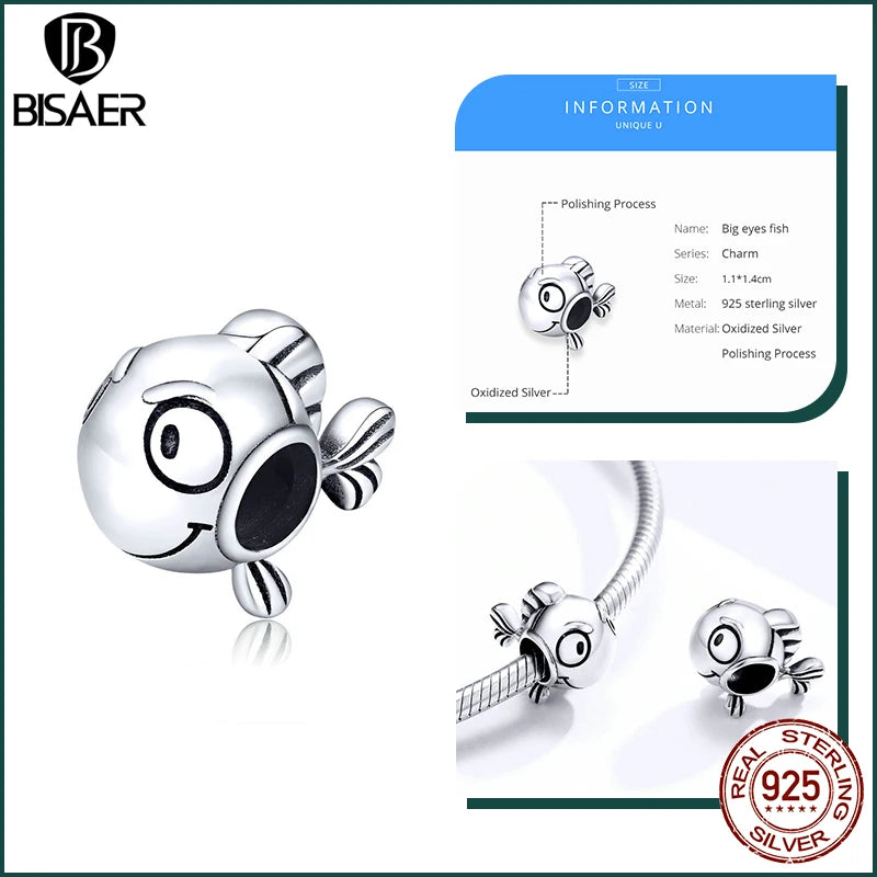 BISAER 925 Sterling Silver Charm Ocean Style Fish Dolphin Mermaid Shell Blue CZ Bead For Necklace&Bracelet DIY Fine Jewelry Gift - AMULET RING STORE