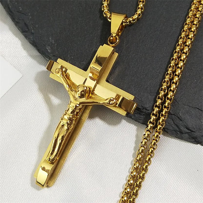 Jesus Cross Crucifix Pendant Necklace for Men Stainless Steel Gold Color Christian Coffee Bean Chain Jewelry croix chrétienne - AMULET RING STORE