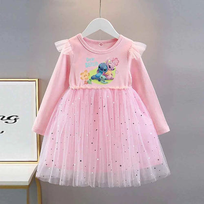 Girls Dress 2025 New Kids Clothes Autumn Long sleeves Disney Children Stitch Princess Dresses Baby Girl Cute Birthday Party 2-8Y