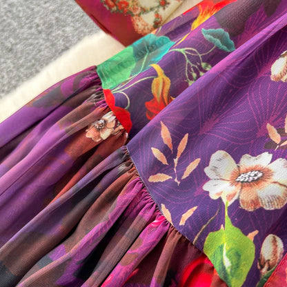 SINGREINY Vintage Print Chiffon Dresses Women Lantern Sleeve O Neck Design Fashion High Quality Court Floral Pleated Long Dress