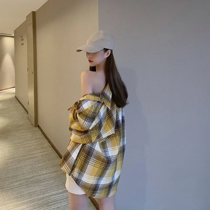 Plaid Shirt Women Spring Long Sleeve Top Female Vintage OL Fashion Single Breasted Blouse Ladies Preppy Style Loose Check Shirts