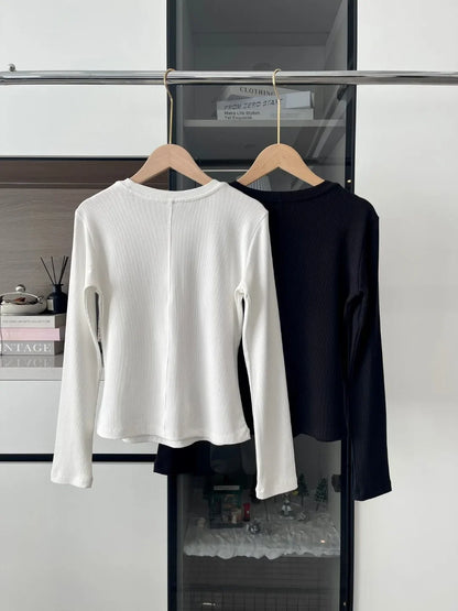 Women's Sports Quick Drying Fitness Yoga Top Simple Black White Long Sleeved Threaded T-shirt Fashion Solid Color Cotton T-shirt