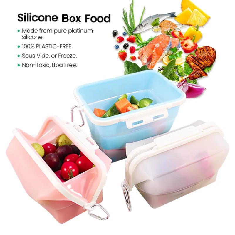 1500ML Foldable Silicone Storage Bag,Reusable Food Grade Crisper Box,Fresh-keeping Picnic Box,Microwave Heating Available - AMULET RING STORE