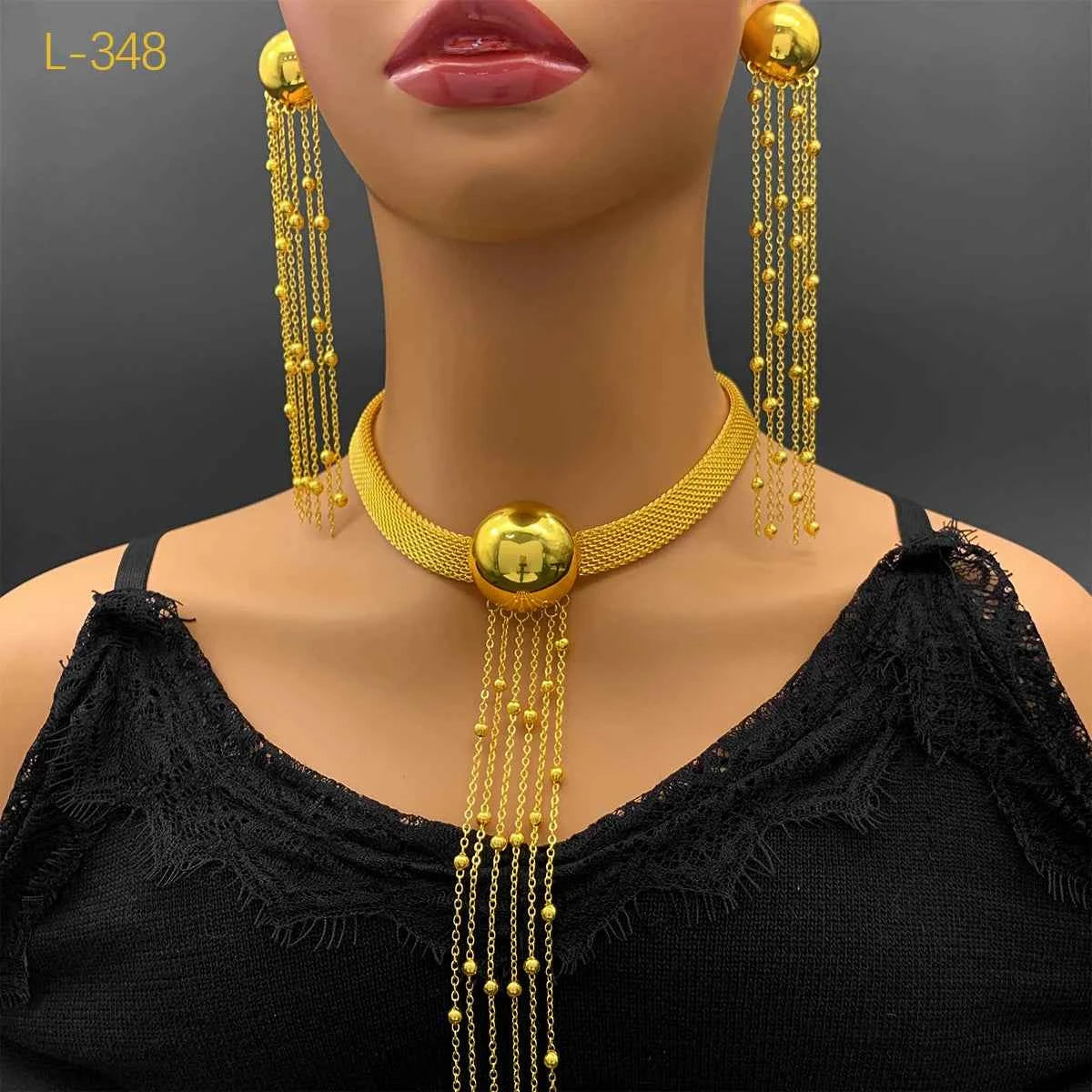 African 24k Gold Color Tassel Long Necklace Set For Women Luxury Charm Party Pendant Dubai Jewelry Sets Accessories Gifts