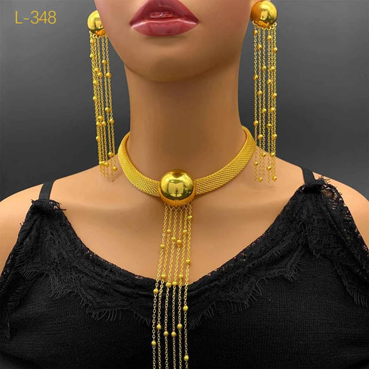 African 24k Gold Color Tassel Long Necklace Set For Women Luxury Charm Party Pendant Dubai Jewelry Sets Accessories Gifts
