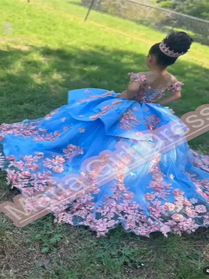 Luxury Appliqué  Flower Girl Dress Spaghetti Straps Birthday Lace Appliques Off Shoulder V-Neck First Communion Gown