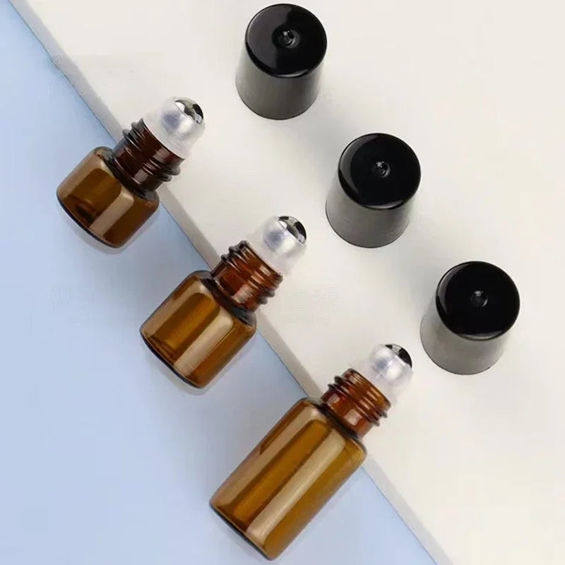 50pcs 1ml 2ml 3ml 5ml Glass Roll On Bottles For Essential Oils Amber Refillable Glass Roller Metal Oil Vials Mini Bottle - AMULET RING STORE