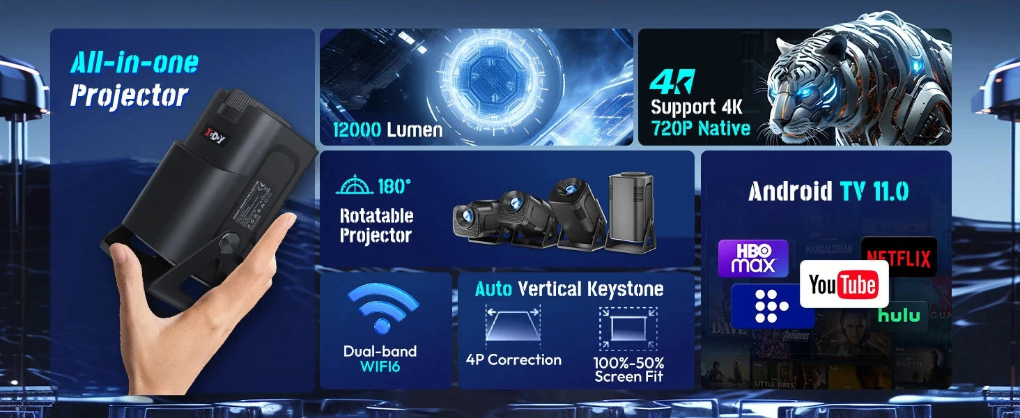 XGODY 12000LM Native 720P Portable Smart Projector Auto Keystone WIFI 6 Home Theater 4K Supported