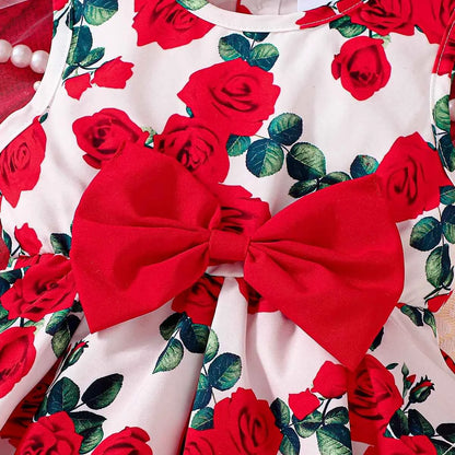 Girls Rose Print Dress Sleeveless Design Big Red Bow Sweet Princess Skirt Children's Clothing Kids' Dresses