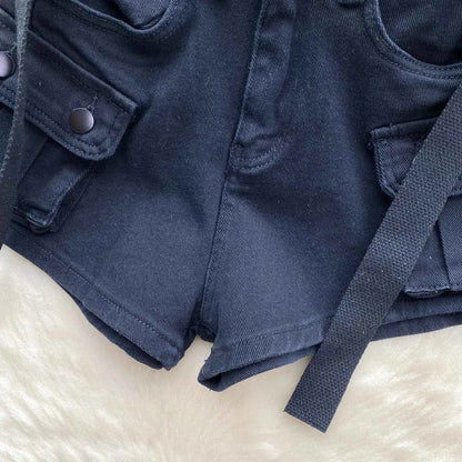Women's Summer High Waisted Stretchy Denim Shorts Korean Cargo Style Slim Fit Ultra Short Hot Pants with Large Pockets for Dance
