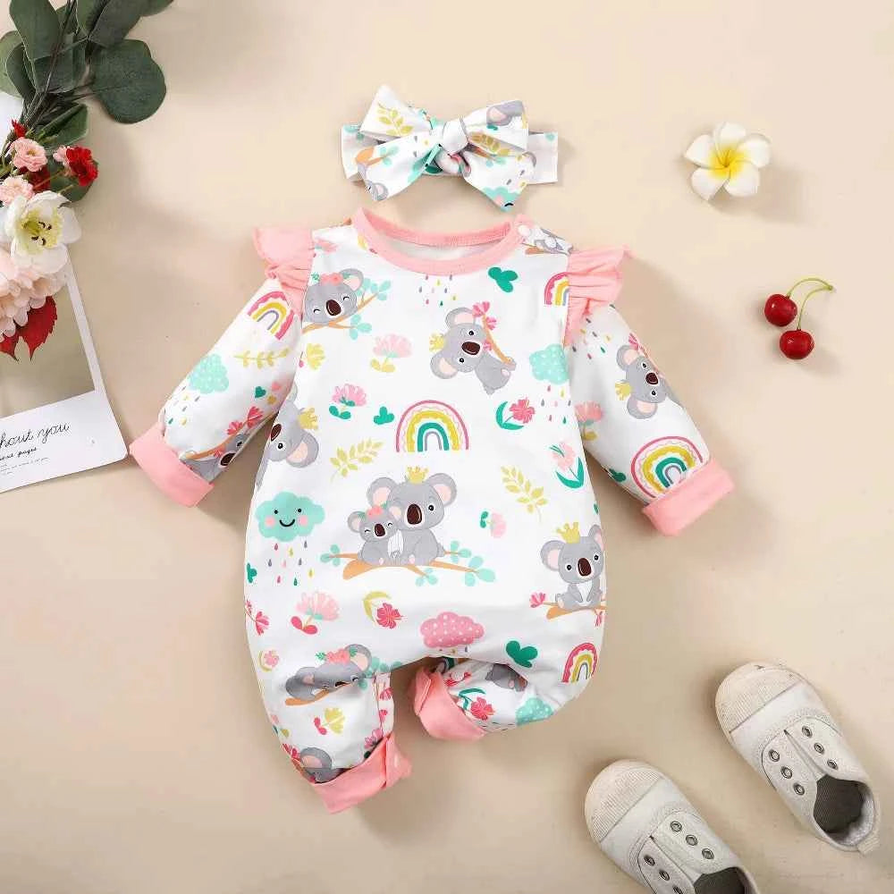Newborn Baby Girl Bodysuit Cute Little koala Bodysuit+Headband2pcs fit 1-12Months Lnfant Baby Spring and Autumn Crawler Suit