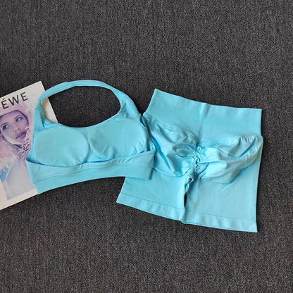 2 Pieces Yoga Suit for Women Seamless Fitness Gym Clothes Halter Sports Bra Matching Impact Shorts Workout Sets Gym Outfit