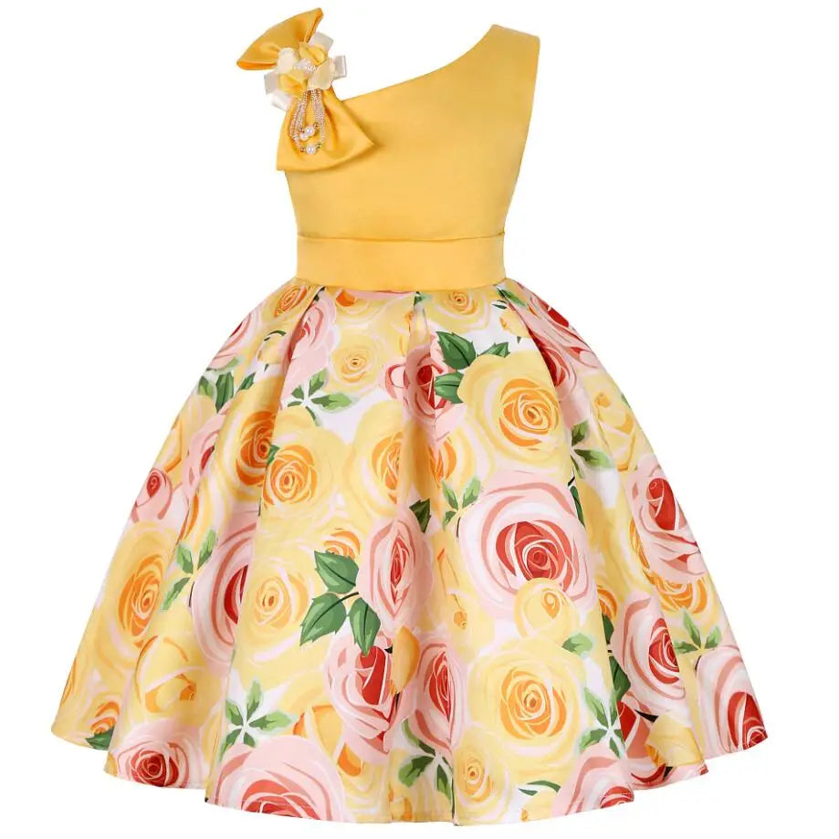 Summer Girls Rose Print Dress Princess Wedding Birthday Party Frocks Satin Children Vestidos Dresses For Girl Christmas Clothing