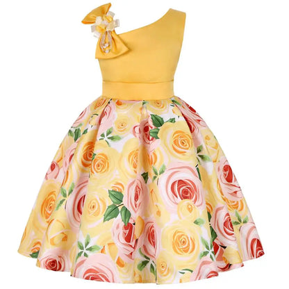 Summer Girls Rose Print Dress Princess Wedding Birthday Party Frocks Satin Children Vestidos Dresses For Girl Christmas Clothing
