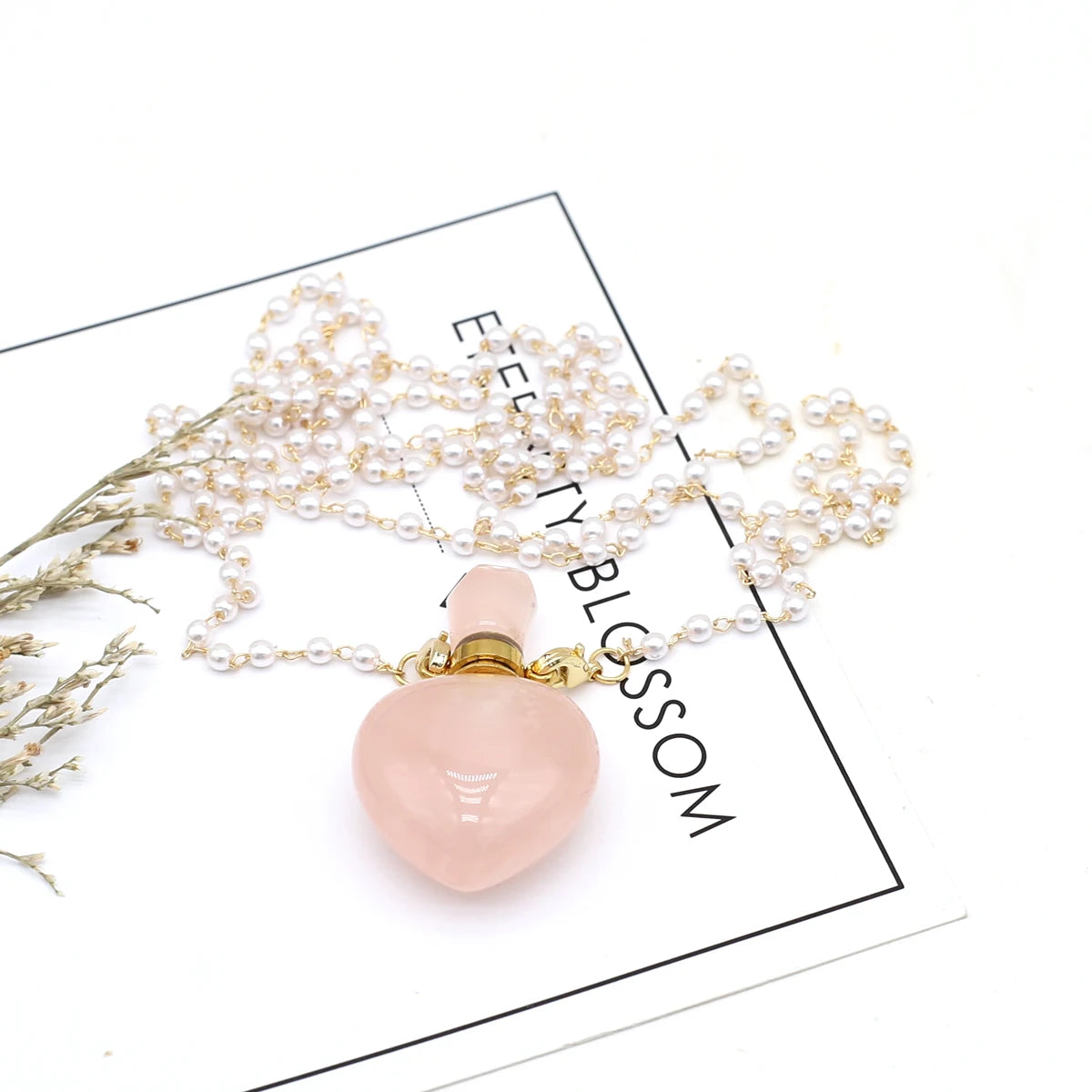 Natural Stone Rose Quartz Perfume Bottle Essential Oil Diffuser Reiki Healing Exquisite Necklace Jewelry Gift - AMULET RING STORE
