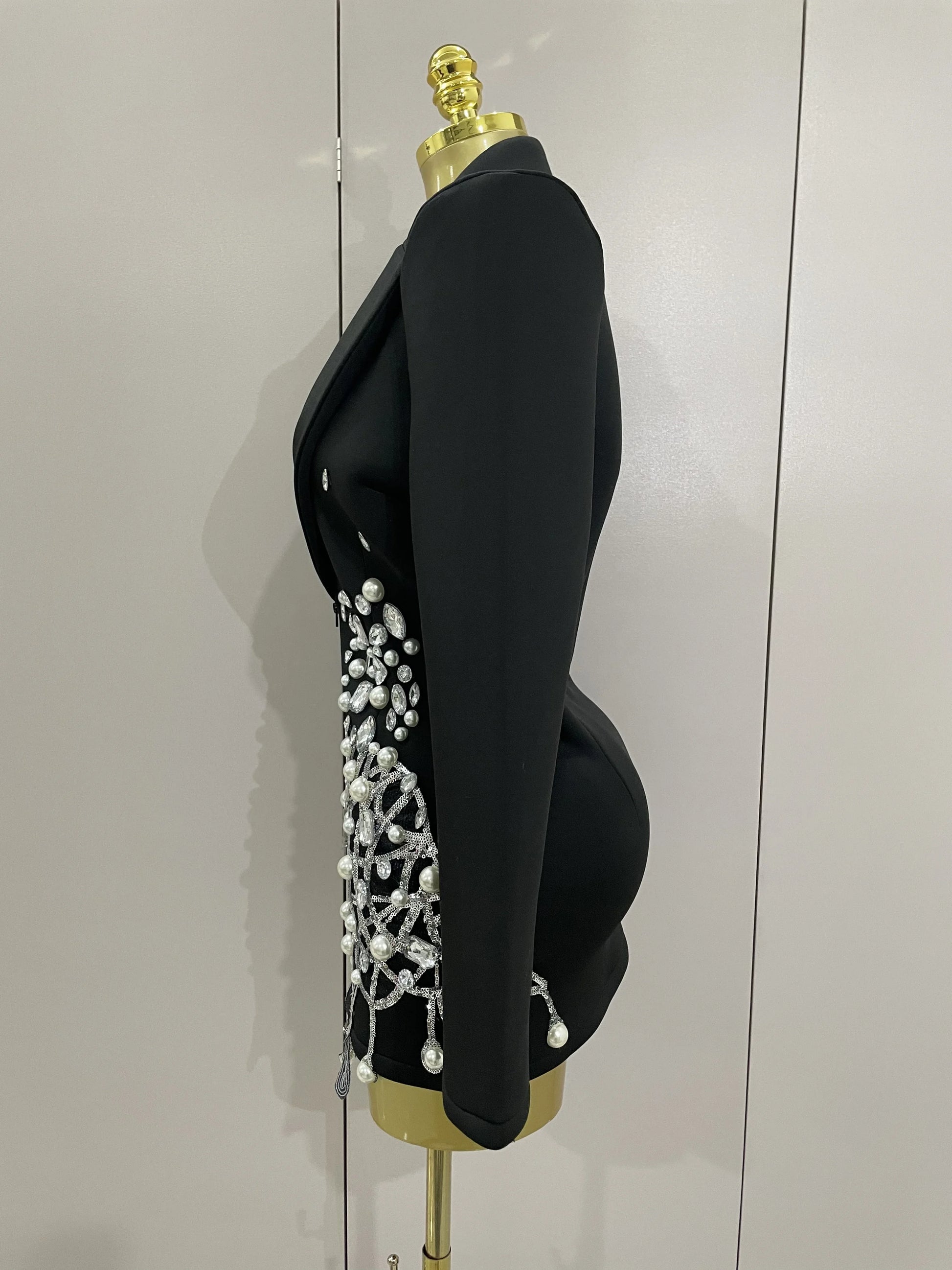 Sparkly Crystal Chains Pearls Long Sleeve Mini Dress 2025 Women Birthday Evening Party Nightclub Outfit Singer Wedding Costume - AMULET RING STORE