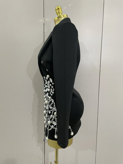 Sparkly Crystal Chains Pearls Long Sleeve Mini Dress 2025 Women Birthday Evening Party Nightclub Outfit Singer Wedding Costume - AMULET RING STORE