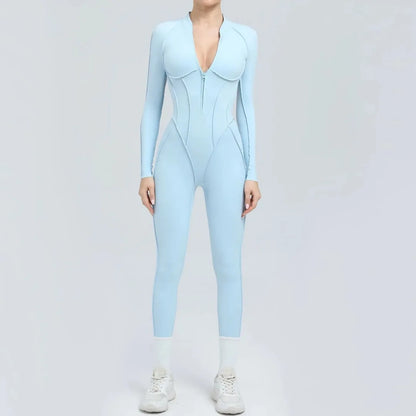 Seamless Yoga Jumpsuit Sports Fitness Backless Tight Zipper Long-sleeved One-Piece Workout Clothes Gym Leggings Sportswear