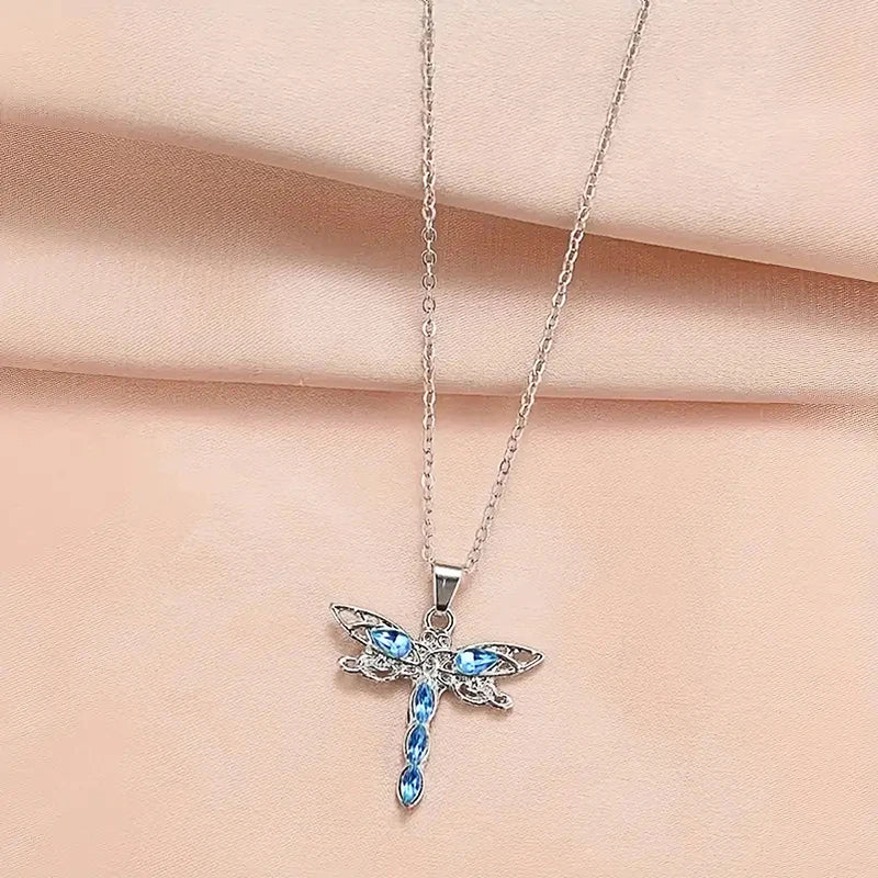 Huitan Blue CZ Dragonfly Necklace for Women New Fashion Animal Pendant Necklace Party Exquisite Girls Gift Statement Jewelry - AMULET RING STORE