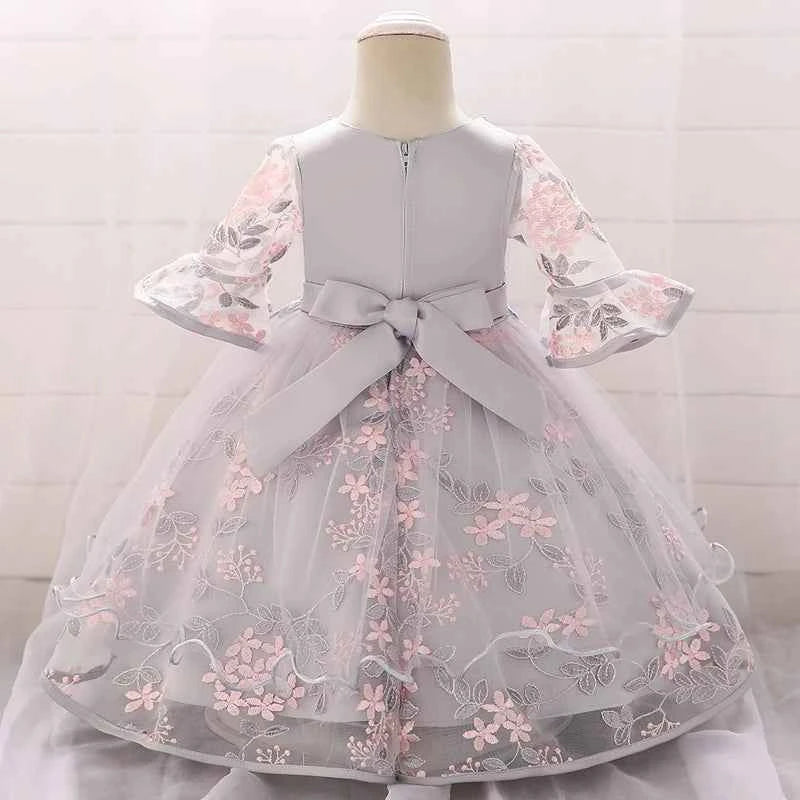 Long Sleeve Flower Baby Girls Dresses Newborn Pink 1st Birthday Tulle Princess Dress For Girl Bridesmaid Wedding Summer Clothing