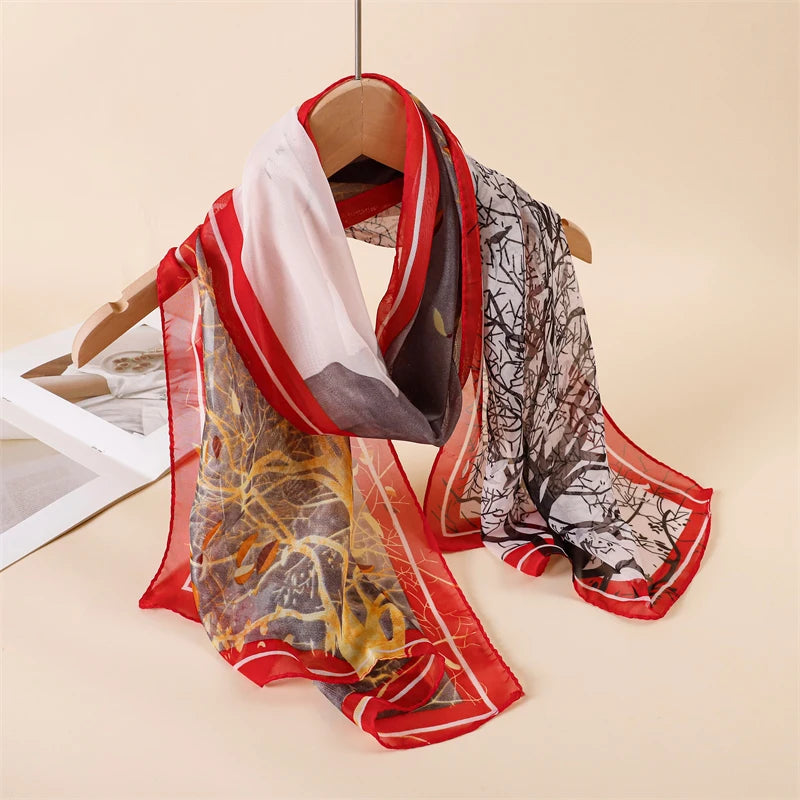 45*155cm Print Design Women Silk Scarf Shawl Elegant Headscarf Convinient Bandage Hijabs Chiffon Muslim Wrap Scarves - AMULET RING STORE