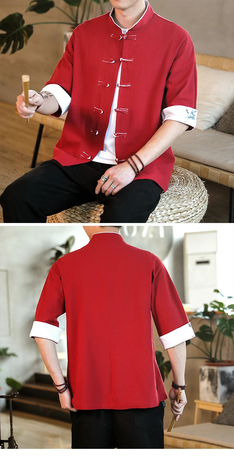 New Crane Embroidery Top Traditional Chinese Clothing for Men Vintage Half Sleeve Linen Shirts Solid Madarin Collar Hanfu Kungfu