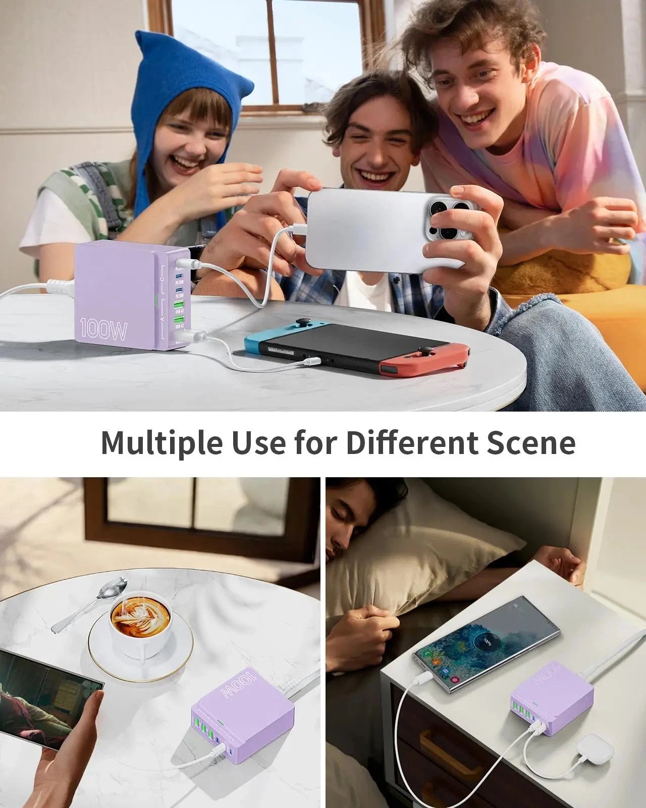 USB C Charging Station:100W 6-Port GaN Fast Charging Hub-PD 3.0 Type C and USB A Charging Case-Wall Charger Power Adapter-Purple