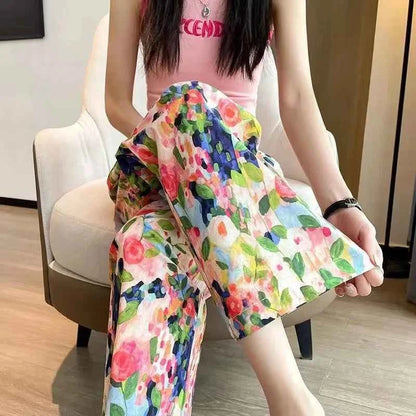 Beach Pants Loose Wide-Leg Pant Female Seaside Leisure INS High Waist Cropped Pant Straight Floral Trousers 2024 Summer New