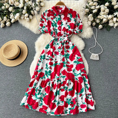 YuooMuoo Women Dress 2025 Summer Fashion Lady Elegant Vintage Floral Print Long Shirt Dress with Belt Vintage Party Robe Femme