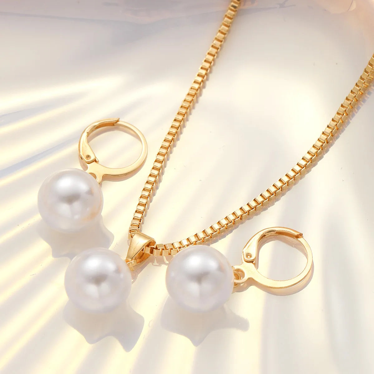 LATS 3 Pcs/Set Round Pearl Pendant Necklace For Women Exquisite Fashion Rhinestone Double  Earring Wedding Jewelry Set Gift