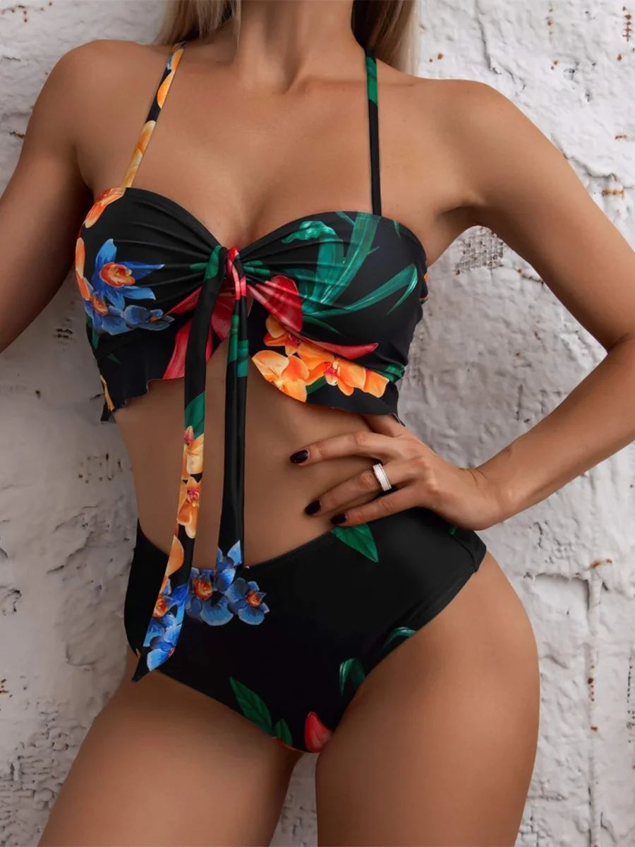 3 Pieces Floral Print Knot Front Bikinis 2025 Women Ruffle Swimwear Female High Waist Swimsuit With Beach Skirt Bathing Suit