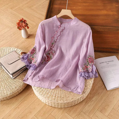 Casual Loose Blouse Shirt Women Clothes Summer Cotton Linen Ladies Tops Tee Blusas Vintage Embroidery Woman Shirt Camiseta Mujer