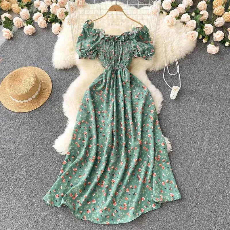 YuooMuoo Romantic Floral Print Long Dress 2024 New Summer Off Shoulders Puff Sleeve Big Swing Women Dress Korean Party Vestidos