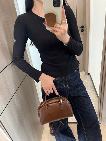 Women's Sports Quick Drying Fitness Yoga Top Simple Black White Long Sleeved Threaded T-shirt Fashion Solid Color Cotton T-shirt