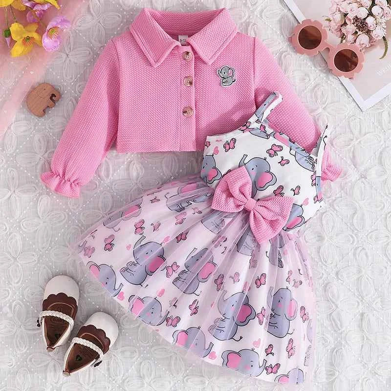 2Piece Spring Autumn Newborn Girls Clothes Korean Cartoon Cute Coat+Mesh Bow Print Sleeveless Dress Baby Boutique Clothing BC628