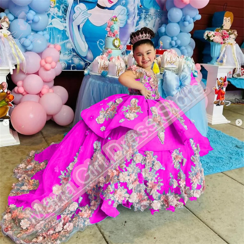 Luxury Appliqué  Flower Girl Dress Spaghetti Straps Birthday Lace Appliques Off Shoulder V-Neck First Communion Gown