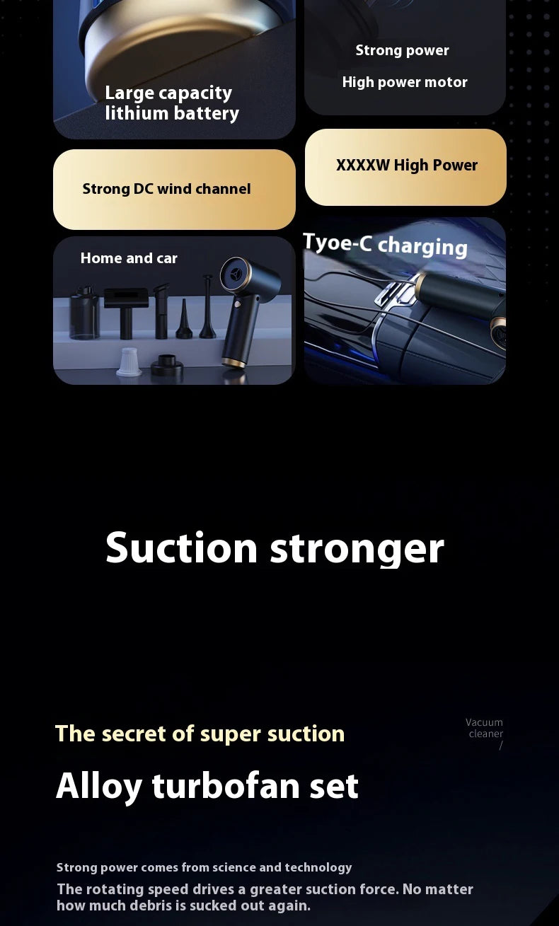 High power portable wireless vacuum cleaner, compatible with both car and home use, equipped with various accessories