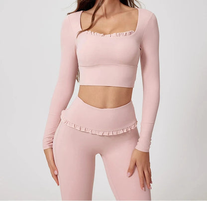 1/2PCS Pad Women Yoga Set Lotus Gym Fitness Long Sleeve Sports Crop Top High Waist Bell Flare Legging Workout Athletic Wear