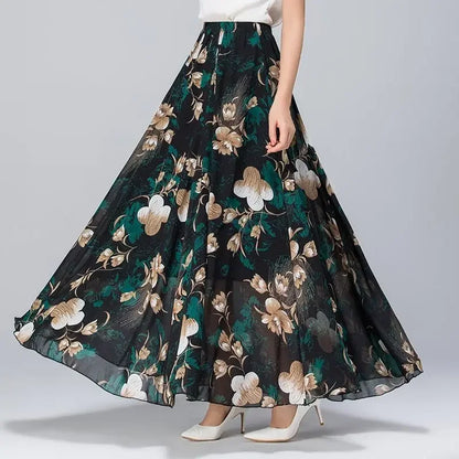 Chiffon Floral Maxi Summer Skirt Women Long High Waist Holiday Dance Skirt Elegant Beach Boho Hot Sale Lady Vintage Girl Fairy