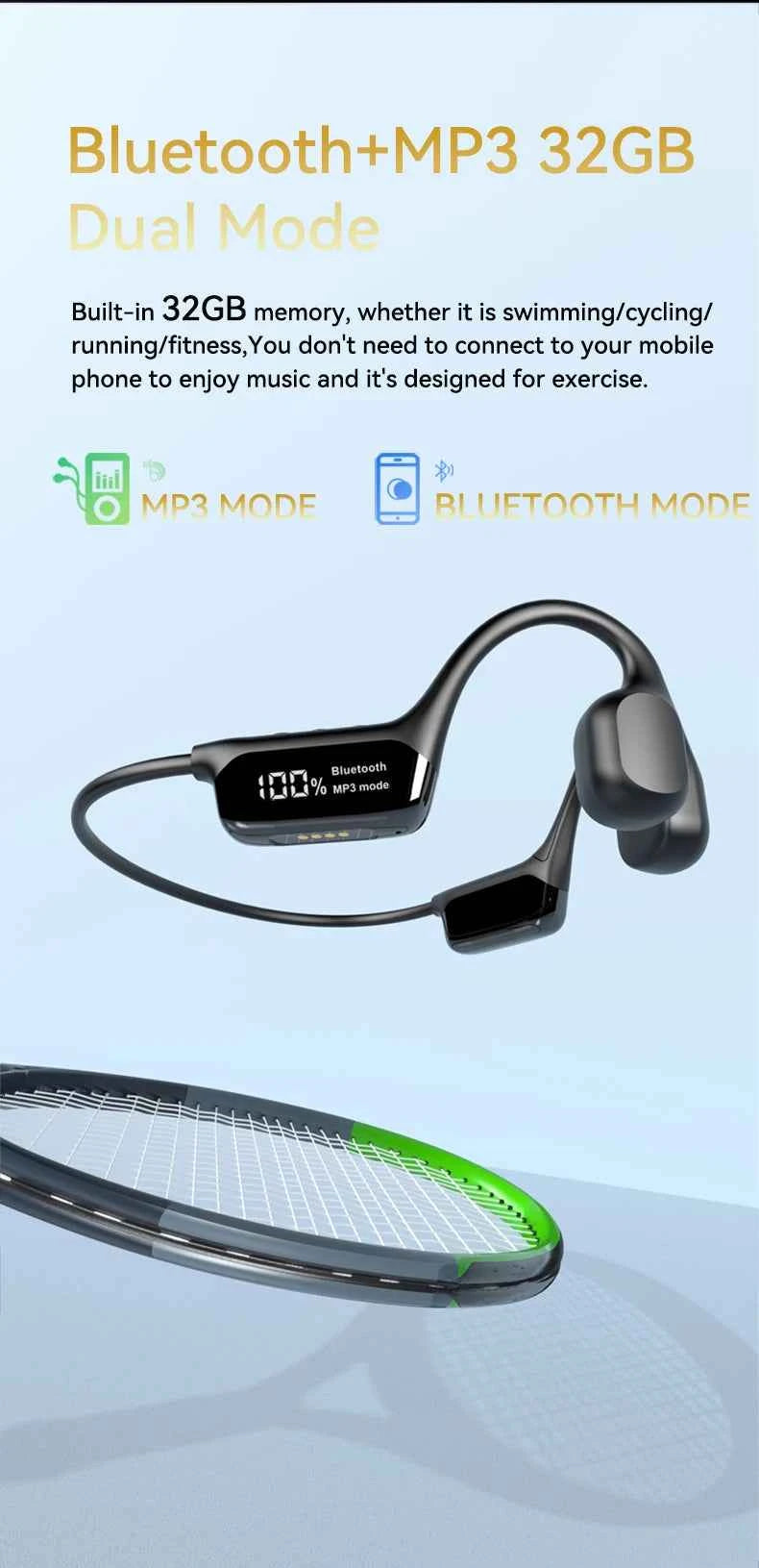 Upgrades Bluetooth 5.4 Bone Conduction Wireless Headphones 30 Meters Depth IPX8 Waterproof Swimming Headsets 32GB RAM MP3 Player