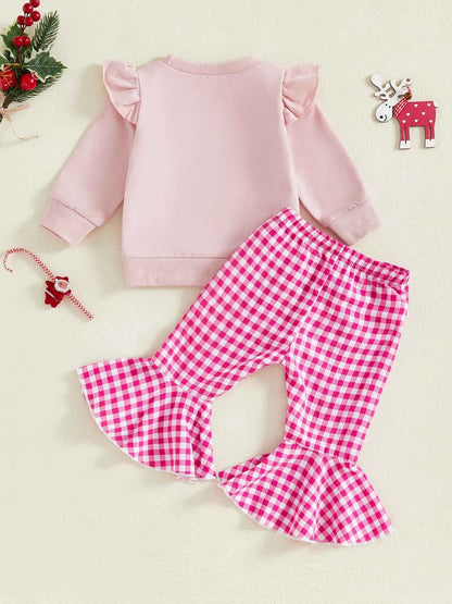 Infant Girls Christmas Outfit Set with Embroidered Letters Pullover and Plaid Bell Bottoms - 2 Piece Holiday Ensemble