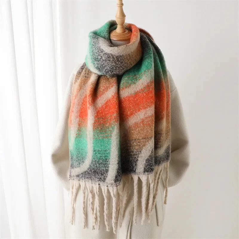 2025 New Rainbow Color Stripe Winter Warm Women Scarf Cashmere Luxury Shawls Thick Neckerchief Hijab Wraps Pashmina Foulard