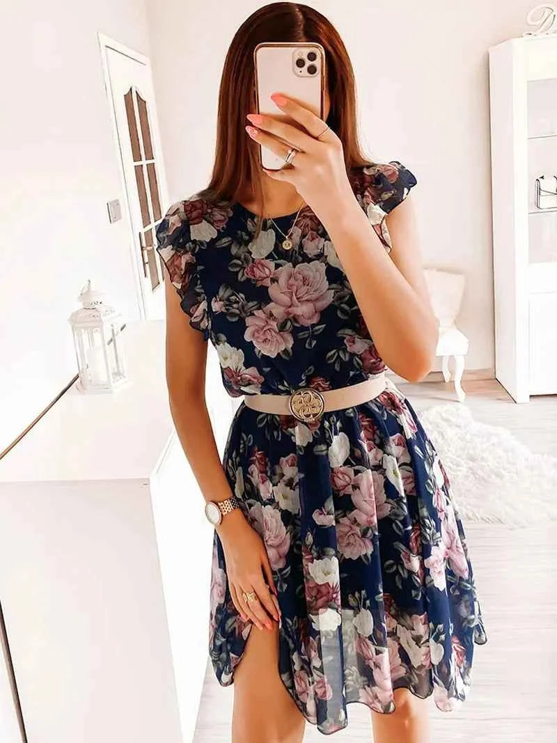 Summer Fashion Floral Printed Long Dress Ladies Sleeveless Elastic Waist Beach Dress 2025 Women V-Neck Pleated Chiffon Cover-Ups