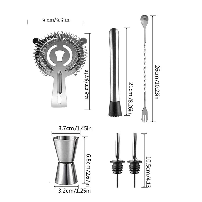 6/7/10pcs Stainless Steel Cocktail Shaker Bartending Tools Bartender Kit Martini Sharker Drink Mixer Set With Storage Bag - AMULET RING STORE